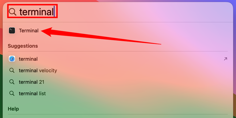 Search for 'terminal' in the Spotlight search. 