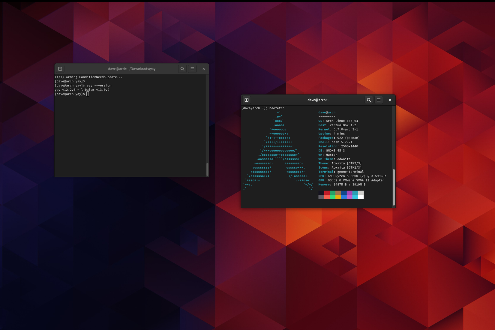 Área de trabalho Arch Linux GNOME com duas janelas de terminal abertas.