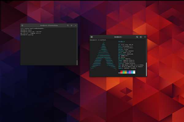 Arch Linux GNOME desktop with two terminal windows open