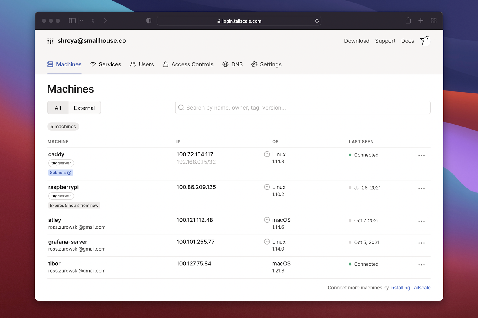 Tailscale admin console.
