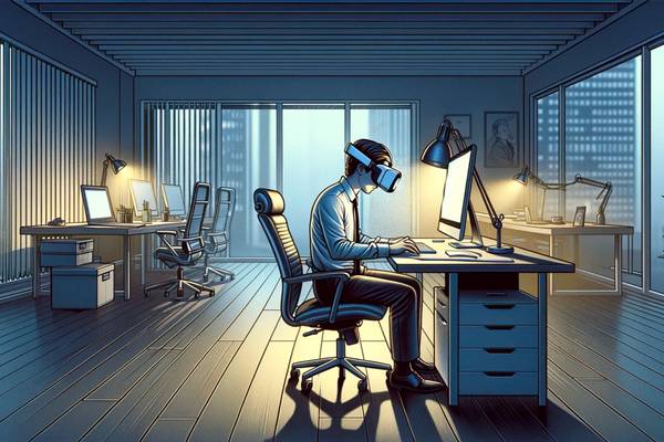 An editorial style cartoon of a man sitting at his computer in an office wearing VR goggles.