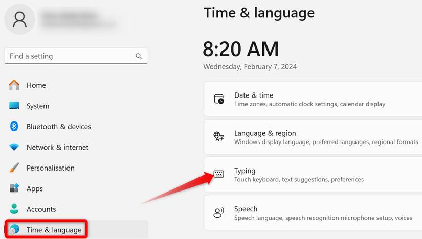 Opening the typing settings in the Windows Settings app.