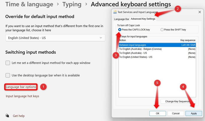 Changing the key that turns off the Caps Lock in the advanced keyboard settings on Windows.