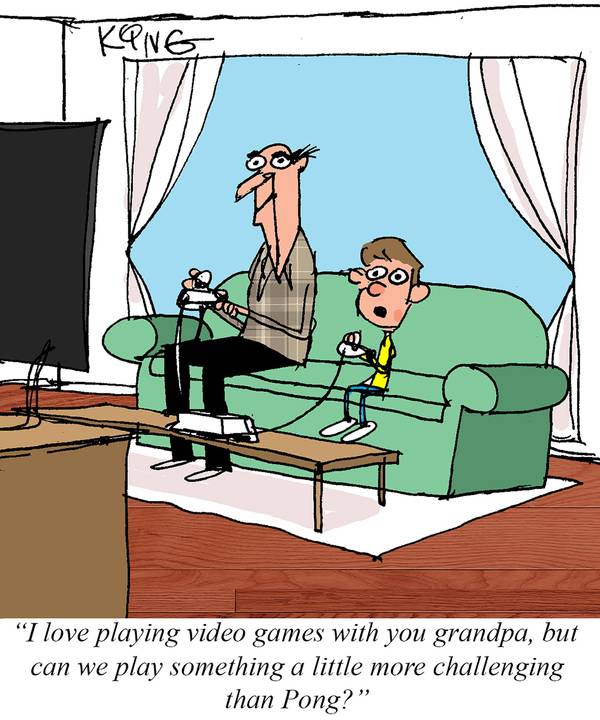 Comic of kid playing games with grandpa. 