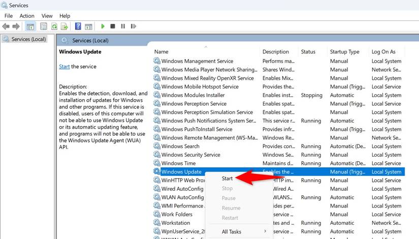 'Start' is gemarkeerd voor 'Windows Update' in het venster 'Services'.