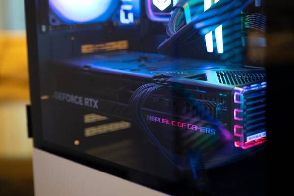 ASUS Republic of Gamers NVIDIA GeForce RTX GPU inside a gaming PC.