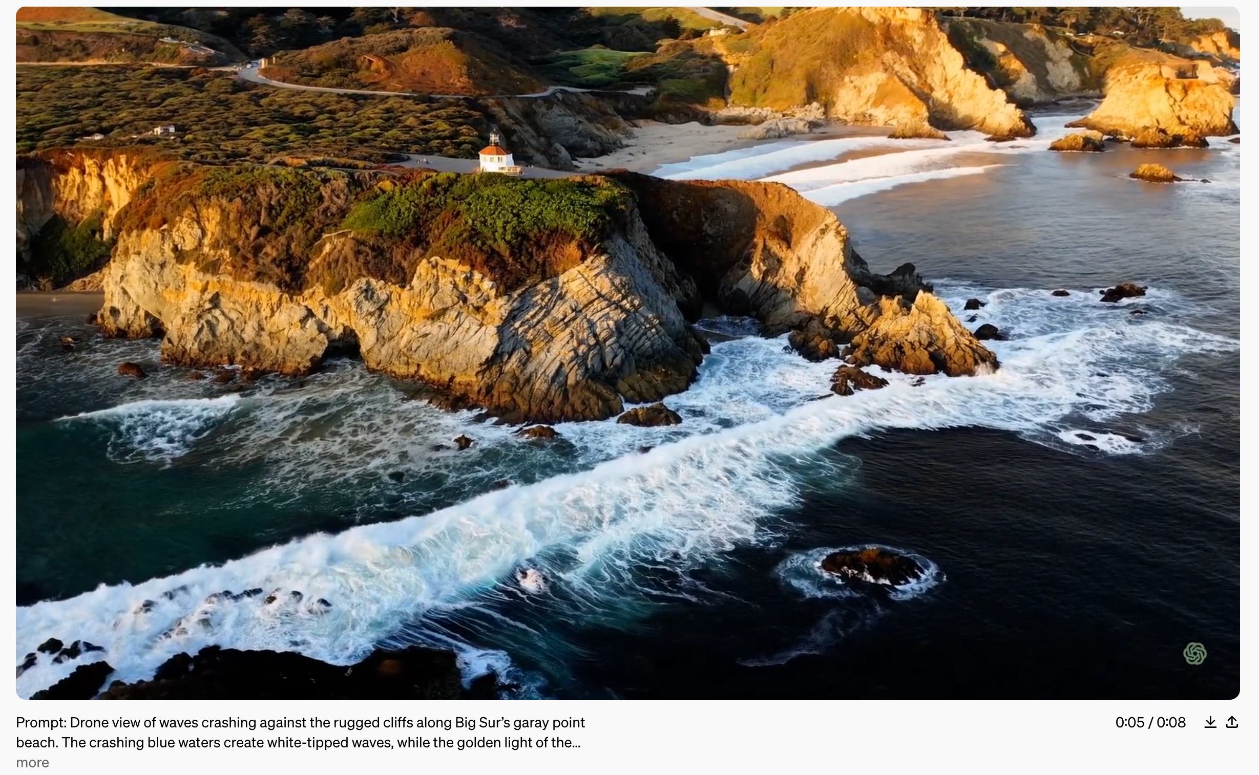 AI-generated imagte of a drone view of waves crashing against the rugged cliffs along Big Sur’s garay point beach.