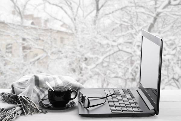 A laptop with a snowy tree in the background.