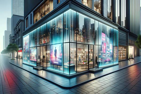 A storefront where the windows are transparent OLED screens.