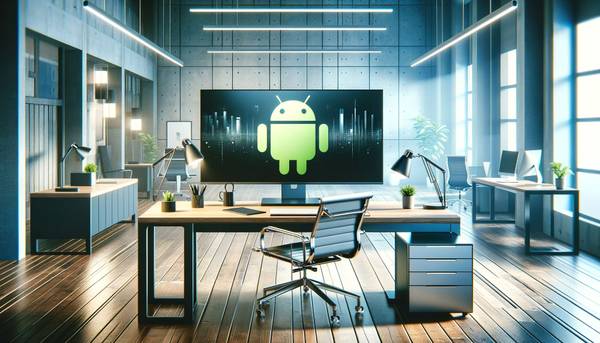 A computer workstation in a modern office with the Android logo on screen.