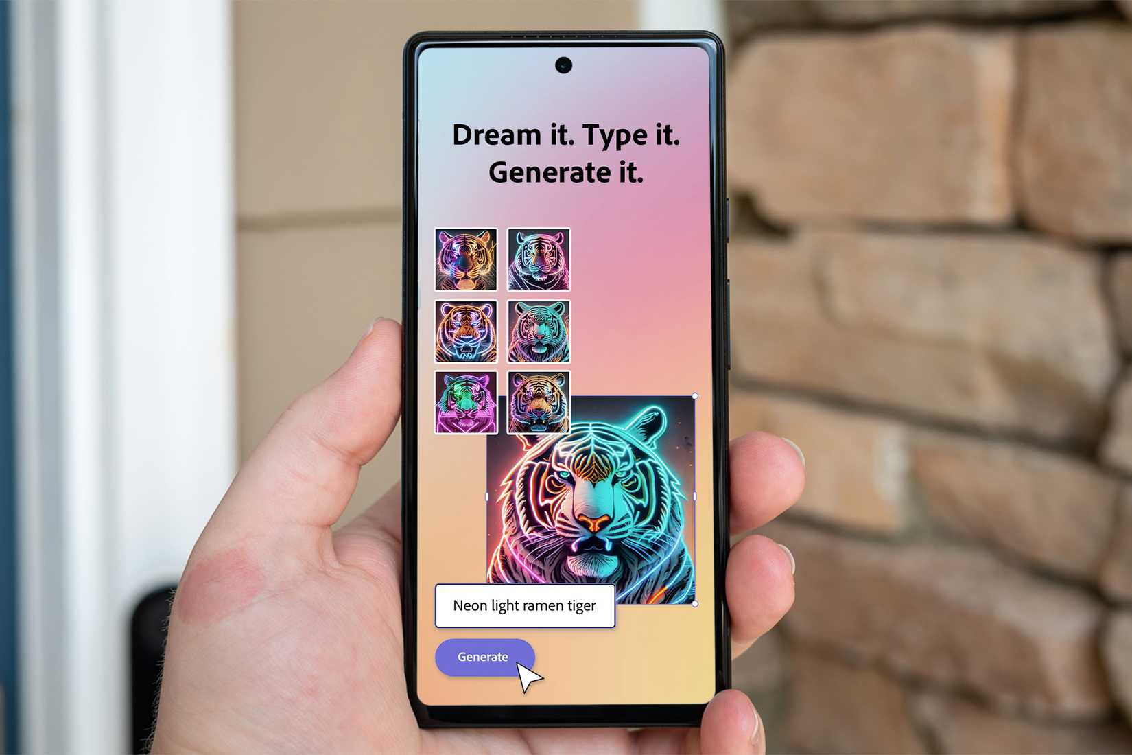 Adobe Express AI image generation on a Pixel smartphone.