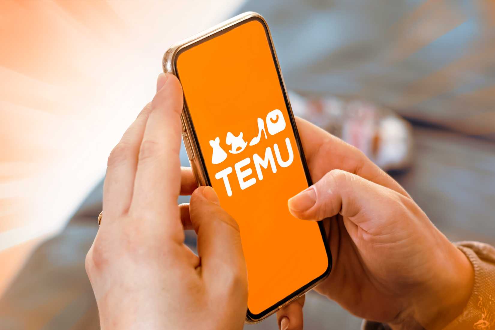 A hand holding a smartphone with Temu logo on the screen.