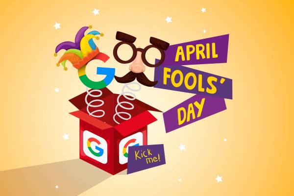 A red surprise box with the Google icon and the words 'April Fools Day' and 'kick me!'.