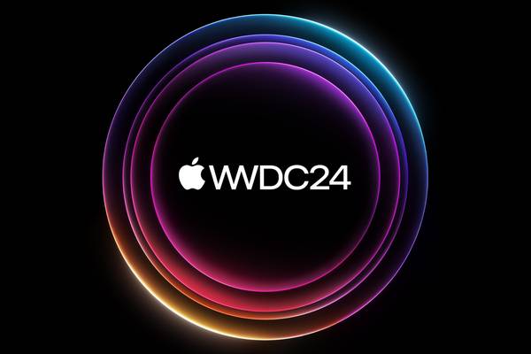 Colorful outline of the Apple Park headquarters with the Apple WWDC 2024 logo.
