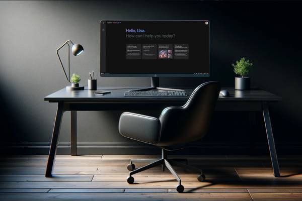 A modern desk and computer with a monitor displaying the Gemini Advanced search interface.