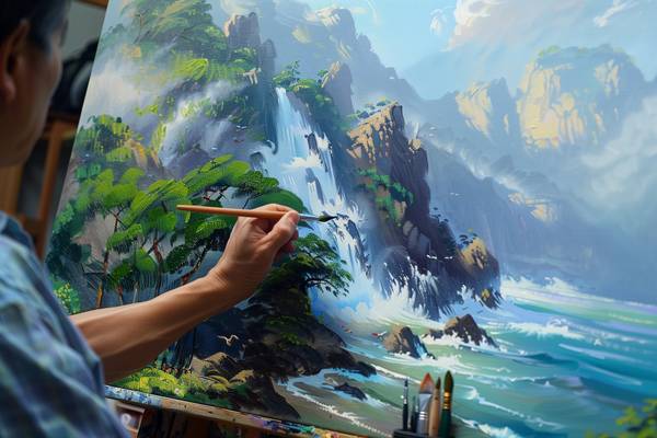 An AI-generated image of a person putting the finishing touches on a painting of a Japanese landscape.