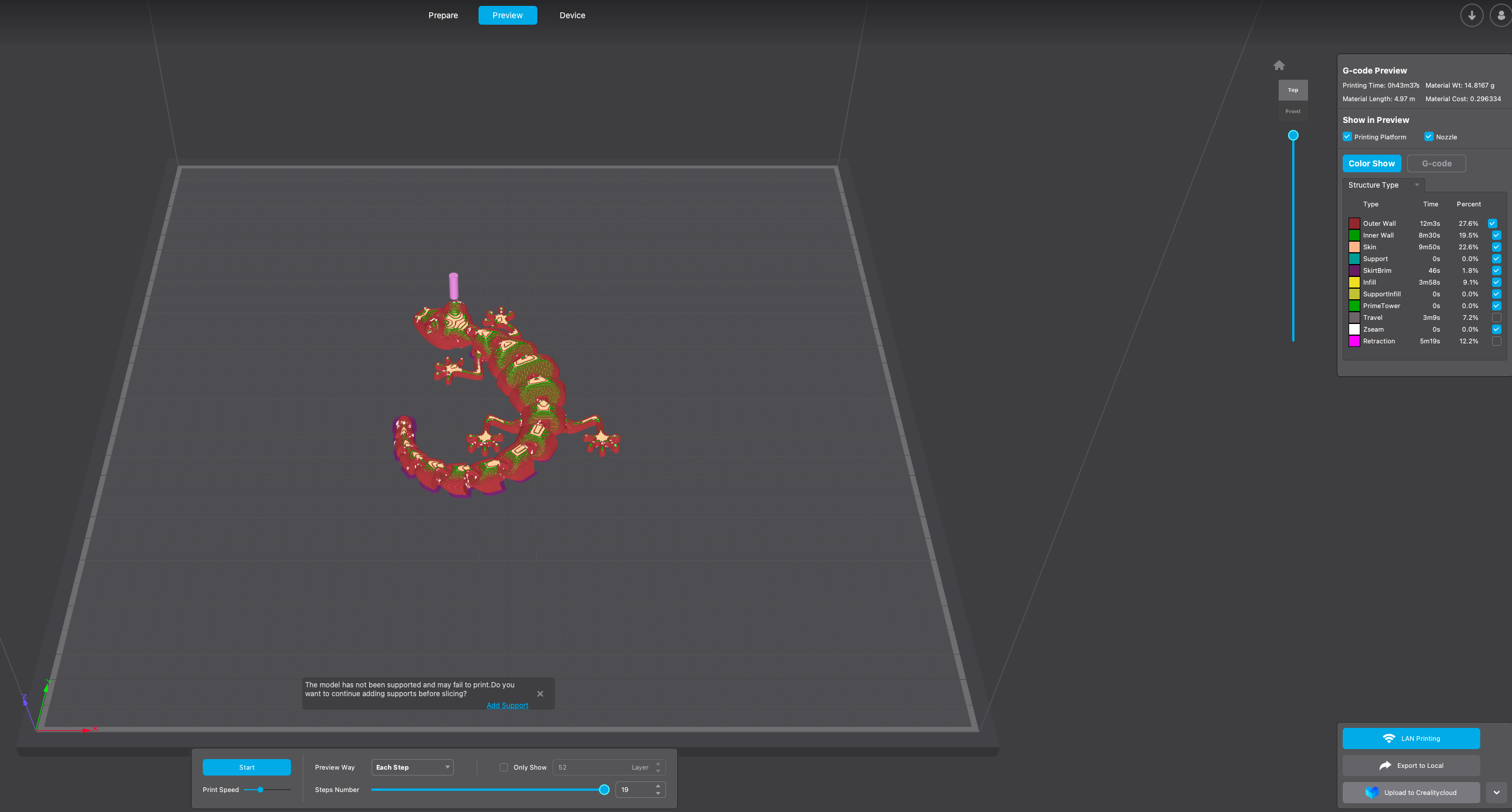 Creality Print software showing a model sliced and ready to print.