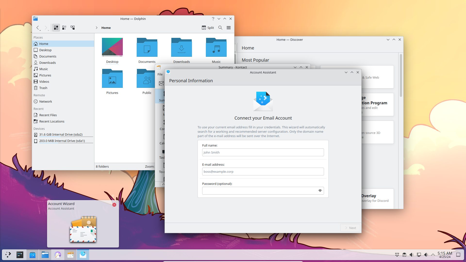 The KDE Plasma 6.0 desktop with several windows open and a panel thumbnail 