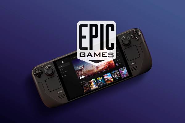 A Steam Deck with the Epic Games app on the screen and the Epic Games logo in the center.