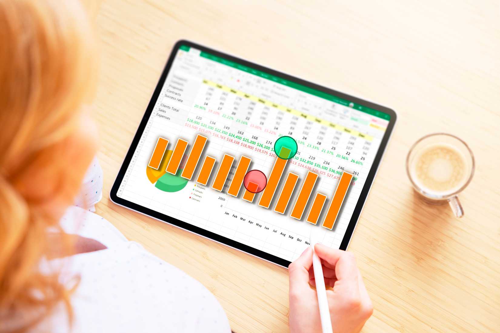 Um tablet com planilha Excel e gráfico destacando os valores máximos e mínimos.