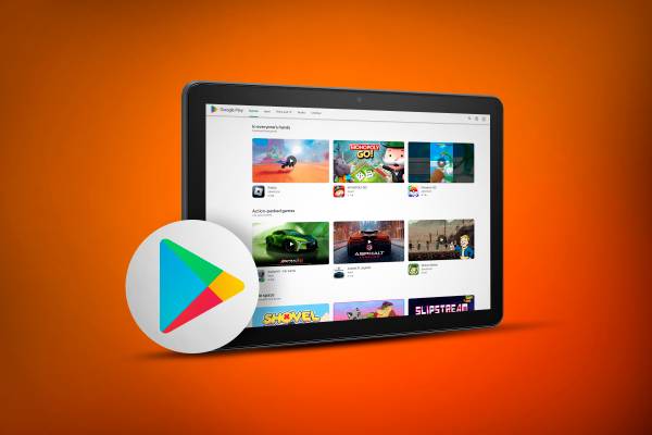 An Amazon Fire Tablet with the Play Store open and the Play Store logo in the bottom left_