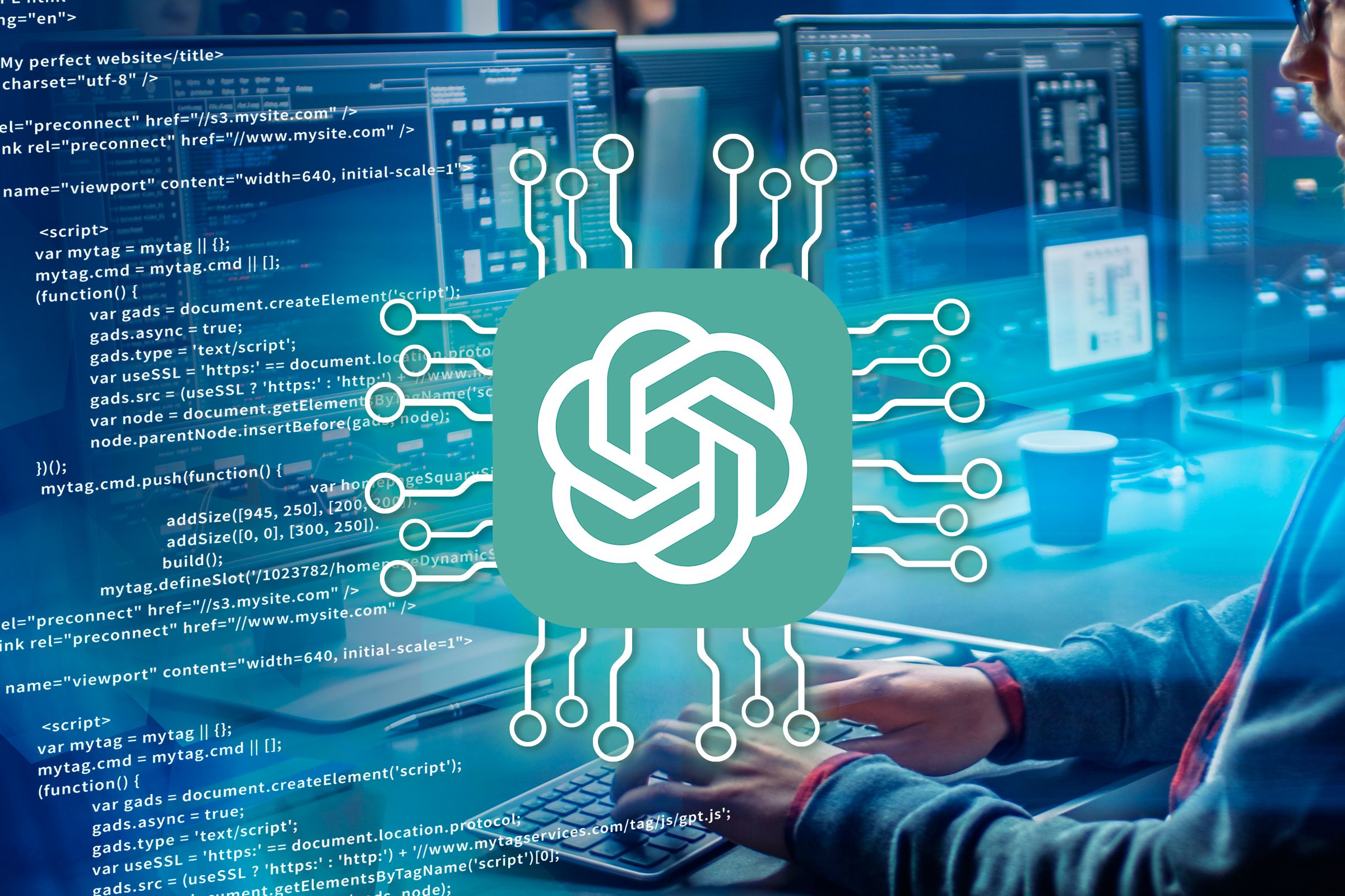 Logotipo do ChatGPT com alguns circuitos nas laterais e um homem programando em um desktop ao fundo com alguns códigos no lado esquerdo.