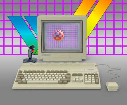 A Commodore Amiga 500 home computer with a mouse and joystick, plugged into a monitor displaying the famous 1984 Boing Ball demo.