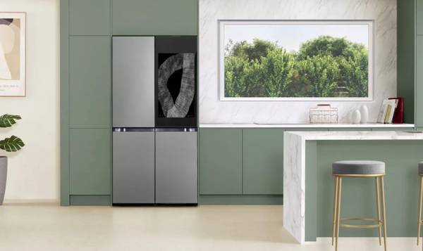 Samsung bespoke fridge in a modern kitchen.