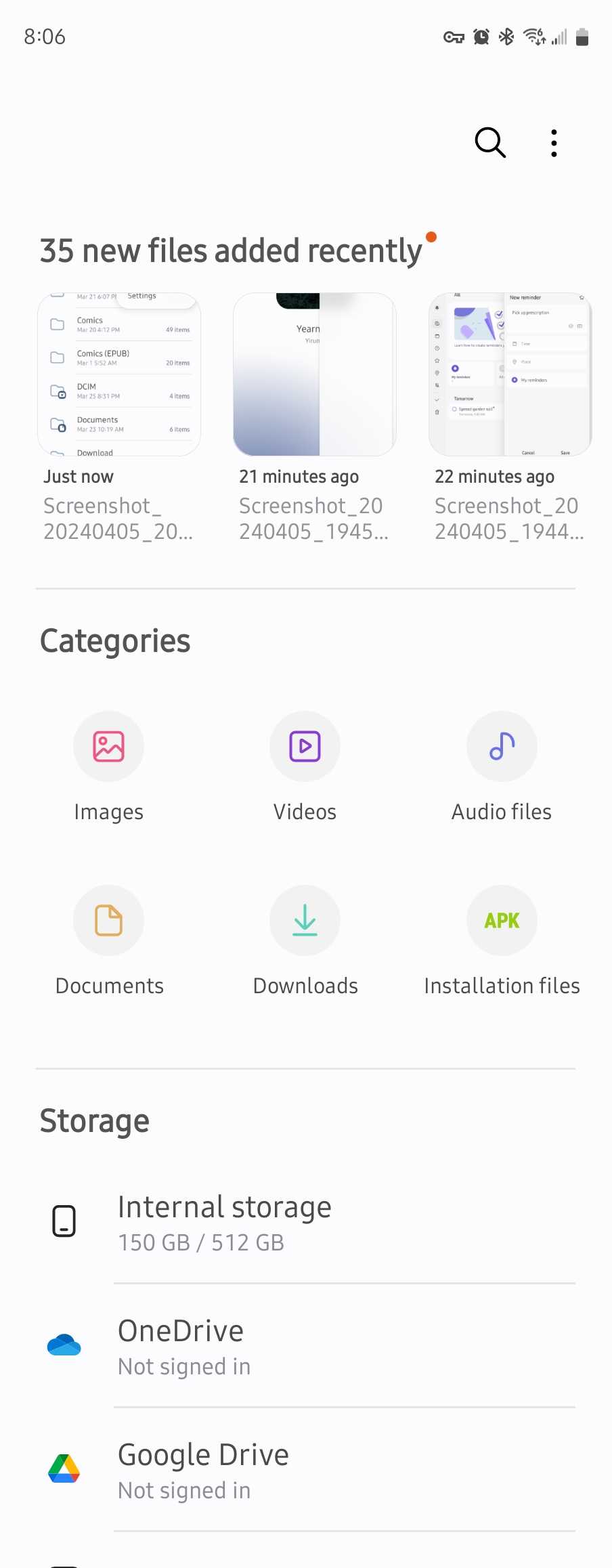 The initial screen in Samsung My Files