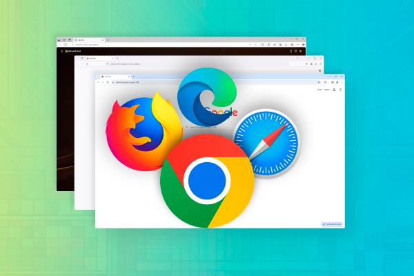 Some browser tabs in the background and Chrome, Firefox, Safari and Edge logos in front