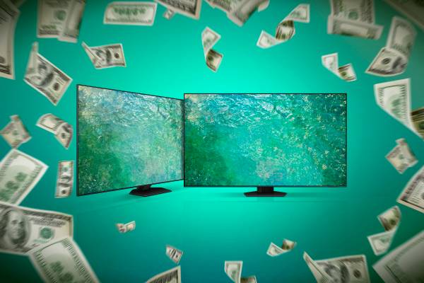 Two TVs surrounded by dollar bills