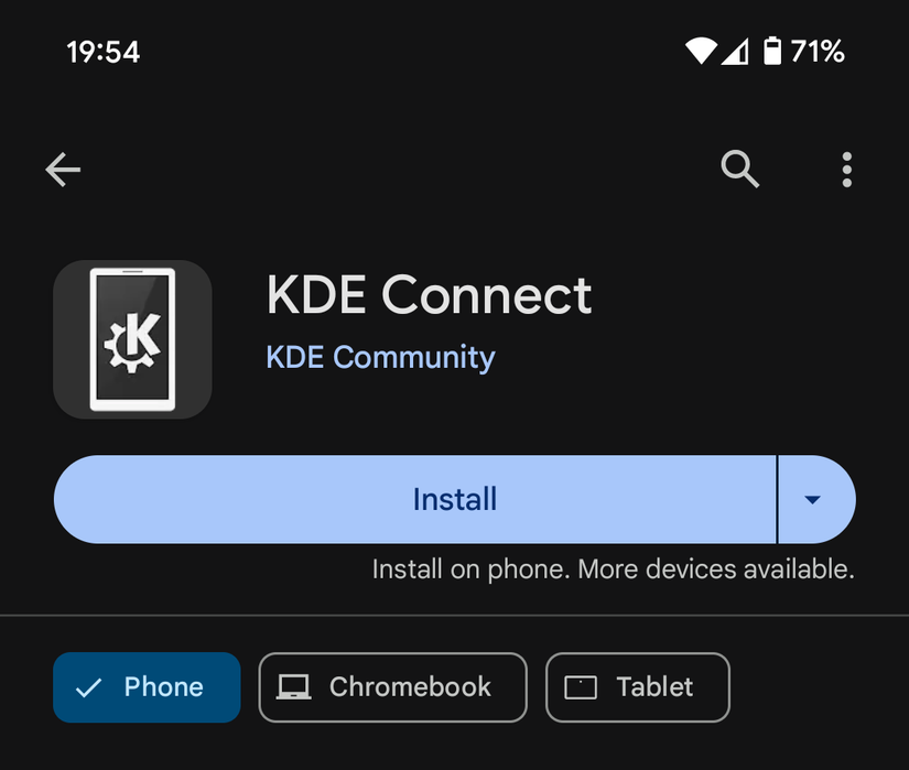O aplicativo KDE Connect no Google Play, em um telefone Android