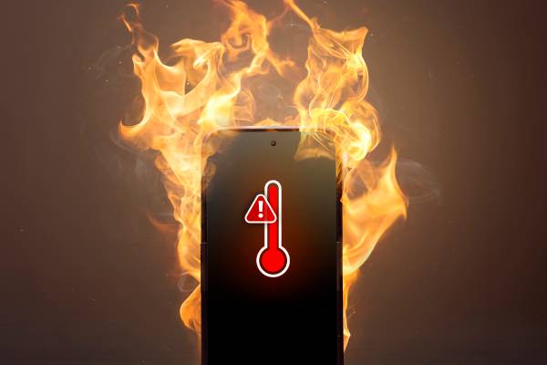 A burning phone with a thermometer and an alert sign.