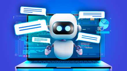 A robot coming out of a laptop screen with some speech balloons around it.