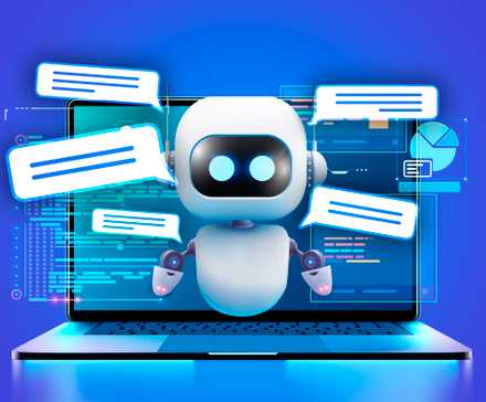 A robot coming out of a laptop screen with some speech balloons around it.