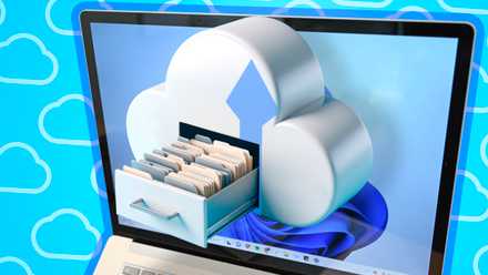 A Windows laptop with a cloud-shaped file drawer coming out of the screen.
