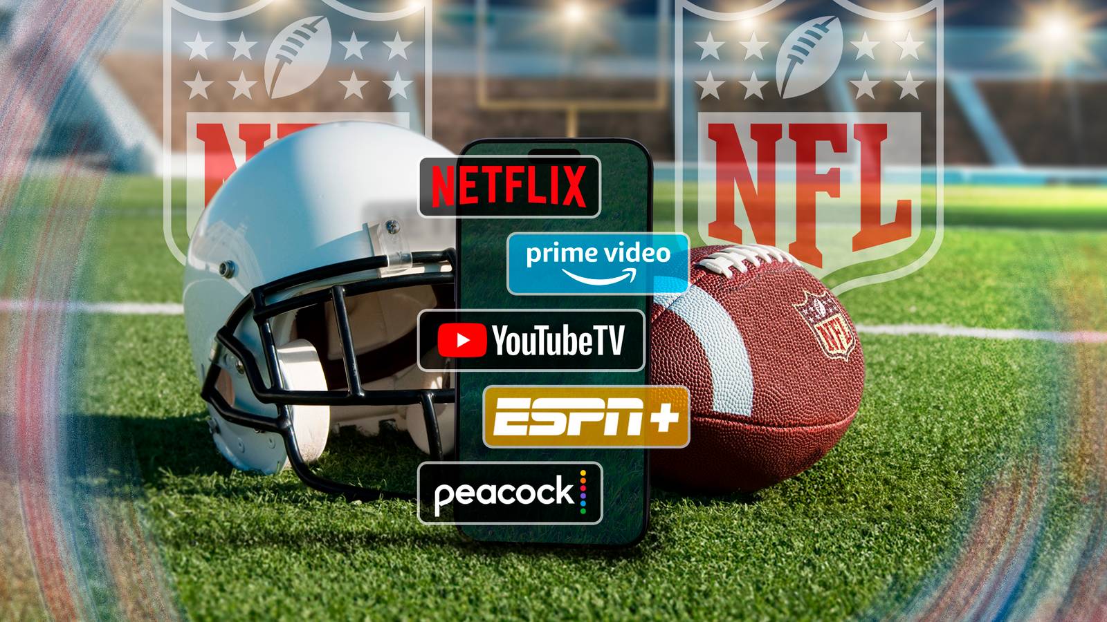 American football helmet and ball on a field with a phone in front and the logos of some streaming services.