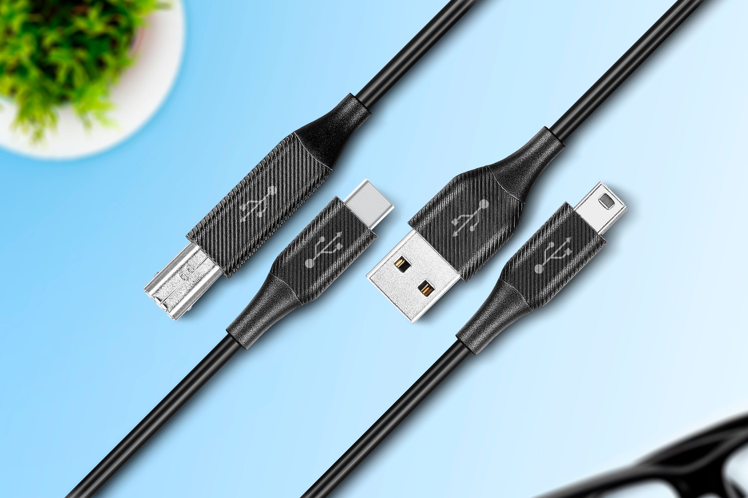 Different types of USB cables side by side.