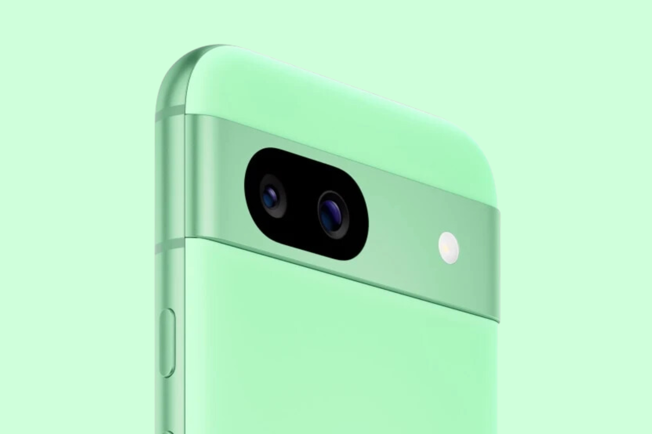 Image of the Google Pixel 8a in Aloe color, showcasing the dual-camera setup. 