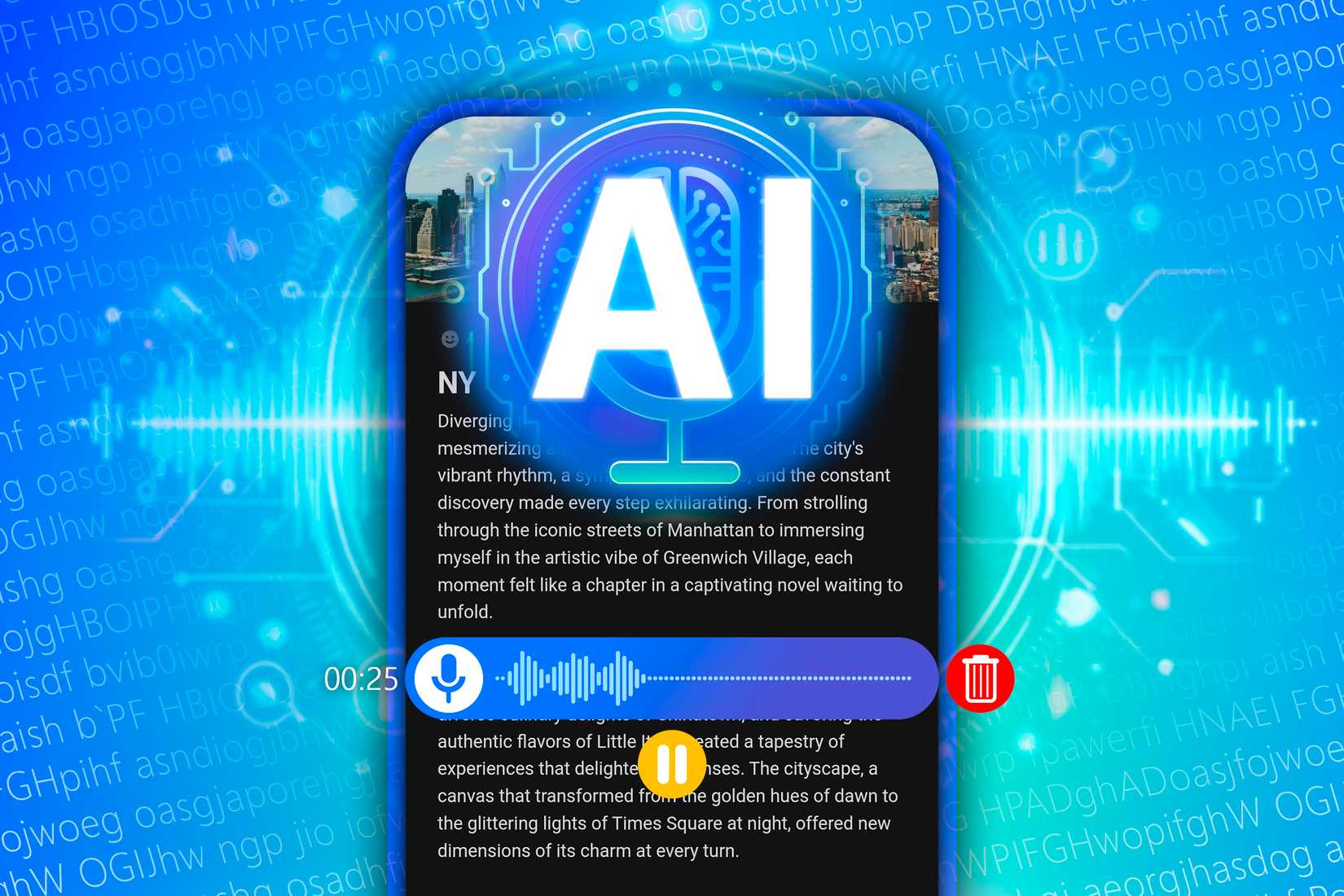 Ilustração de gravação de voz sendo feita por meio de inteligência artificial, com um telefone ao fundo exibindo a transcrição da gravação.