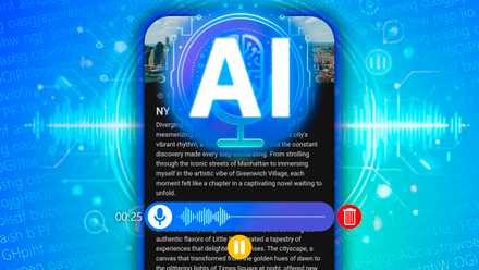 Illustration of voice recording being made through artificial intelligence, with a phone in the background displaying the transcription of the recording.