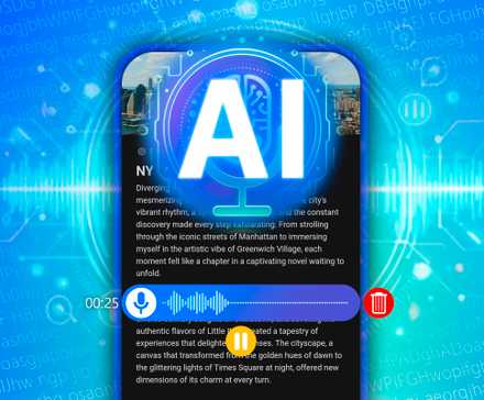 Illustration of voice recording being made through artificial intelligence, with a phone in the background displaying the transcription of the recording.