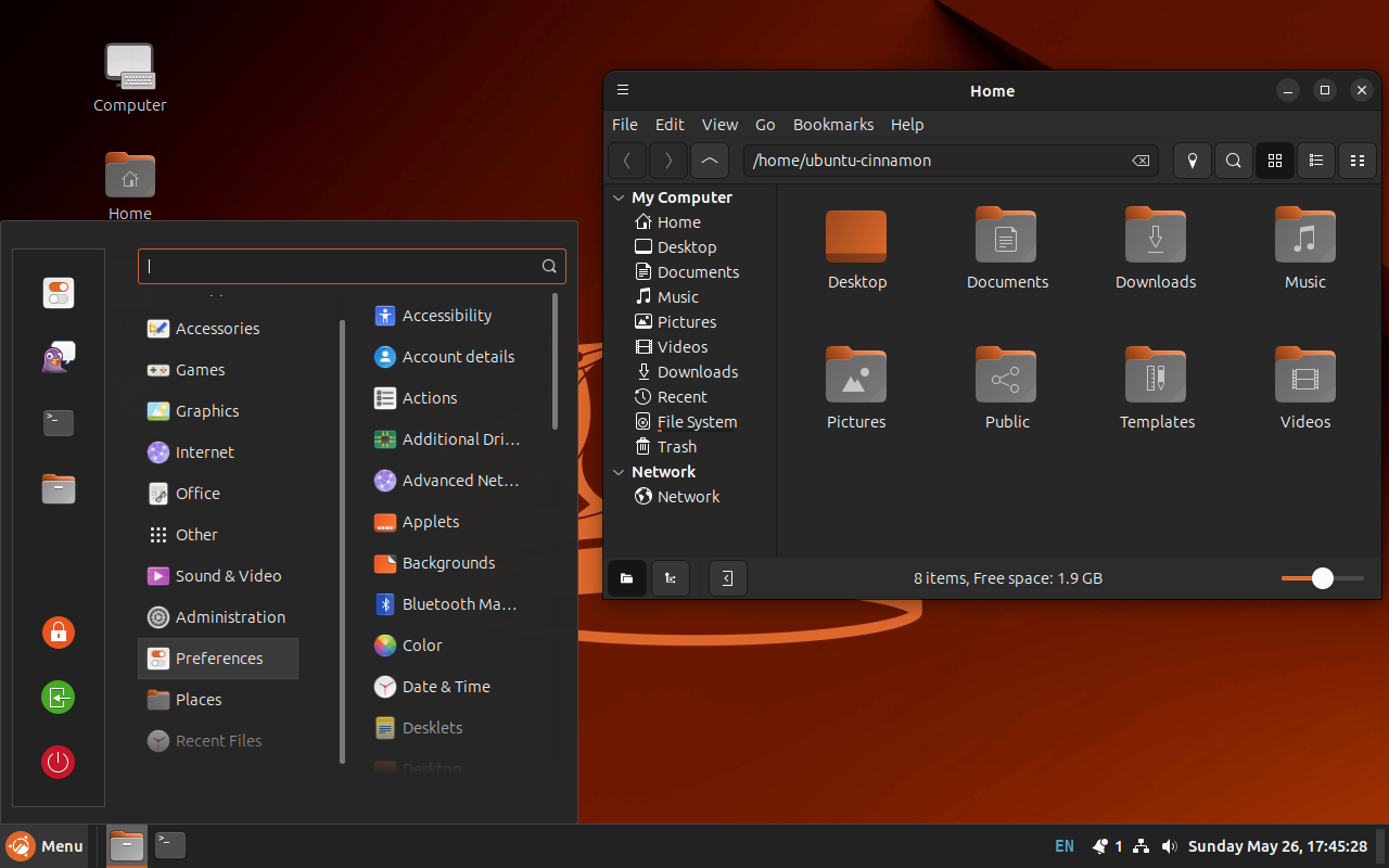 Interface of Ubuntu Cinnamon 24.04 LTS desktop menu and file manager