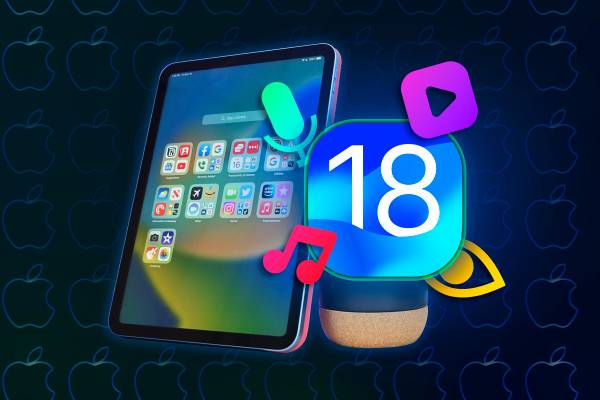 An iPad with an iOS 18 icon next to it and some icons of the new accessibility features.