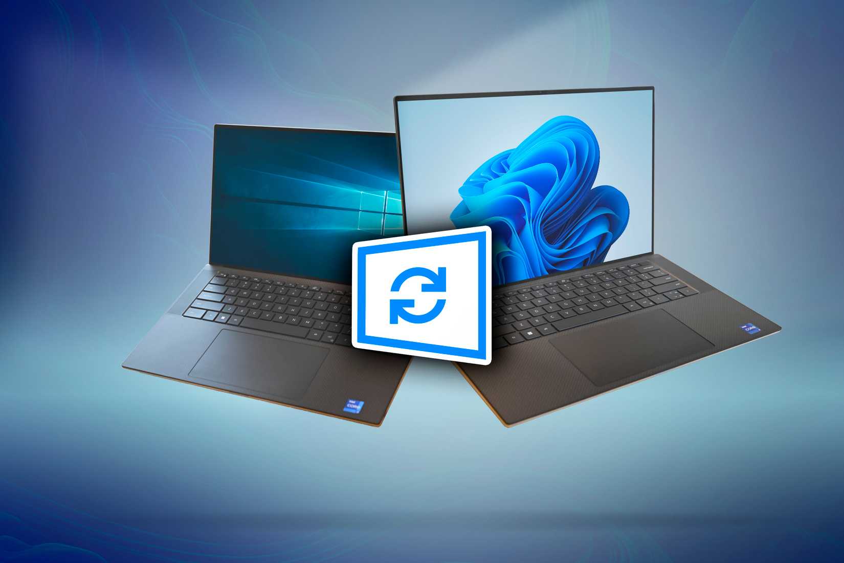 Laptop com Windows 10 à esquerda e laptop com Windows 11 à direita, com um ícone de atualização no centro.