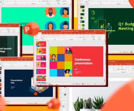 Beberapa presentasi PowerPoint berlapis satu sama lain dengan logo PowerPoint bergaya bertitik di atasnya.