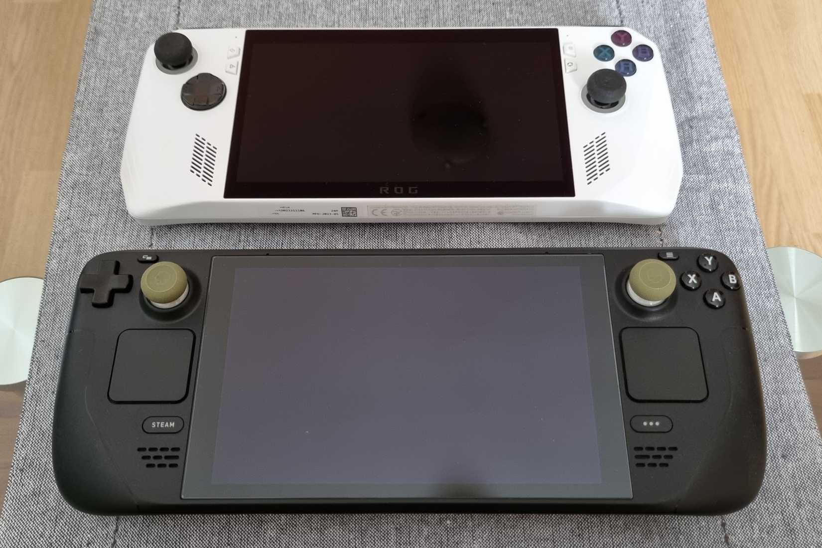 Steam Deck vs ROG Ally sitting on a desk. 