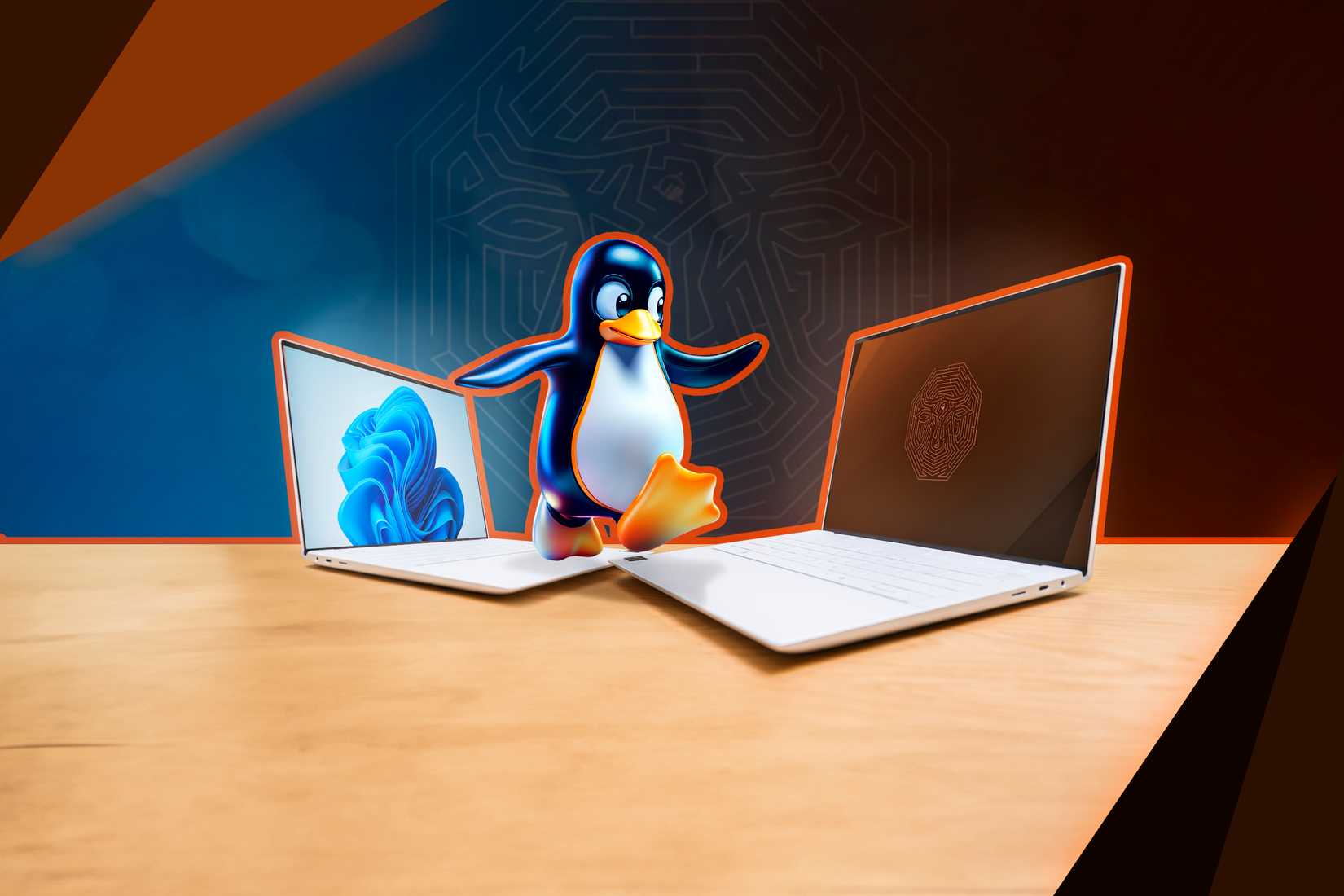 Tux pulando de um laptop Windows para um laptop Ubuntu Cinnamon.