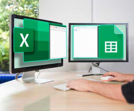 Two computer monitors, the one on the left displaying Excel, and the one on the right displaying Google Sheets.