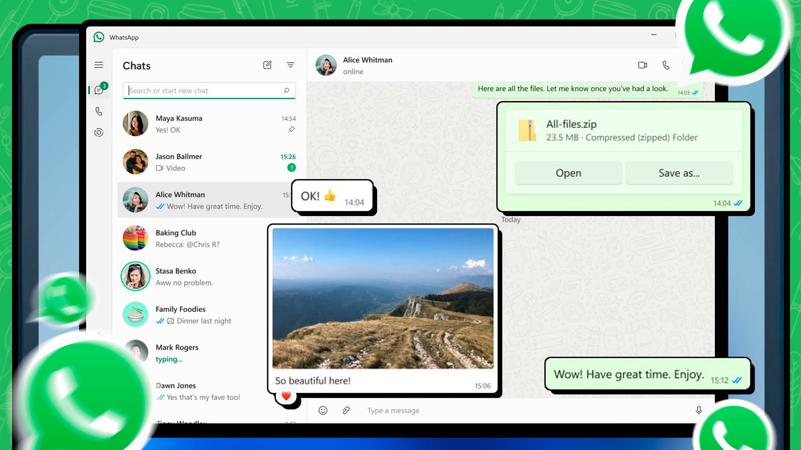 WhatsApp Web app with some messages popping out.